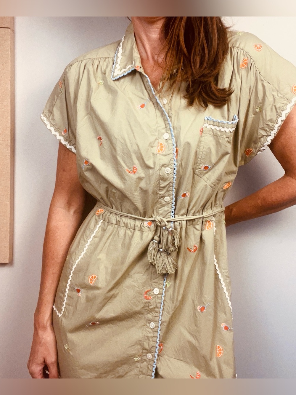 Roller Rabbit Ocaso Ellyott Dress – Olive Embroidered Shirt Dress –100% Cotton L - Picture 13 of 15